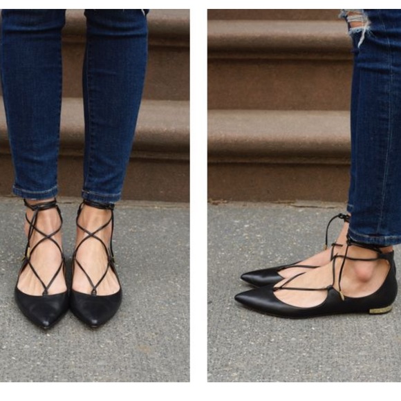 Aquazzura Shoes - Aquazzura Firenze Black Leather Lace Up Christy Flats | 37.5